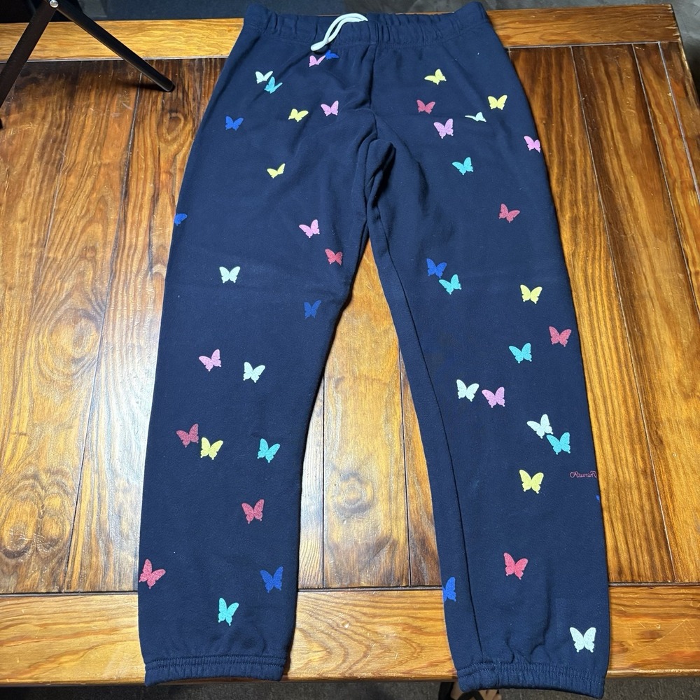 Lauren Moshi Dark Blue Allover Colorful Butterflies Sweatpants Sz S New A1021